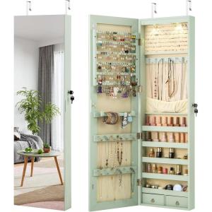 imageGiantex Wall Door Mounted Jewelry Armoire Cabinet with 475quot Full Length Mirror 2 LEDs Lockable Jewelry Organizers and Storage with 2 Drawers Over the Door Jewelry Organizer Cabinet SageSage