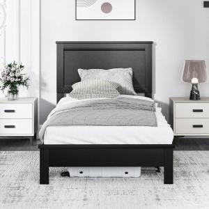 imageGiantex Wood Full Platform Bed Frame with Headboard Mid Century Bed Frame with Solid Wood Legs ampamp Wooden Slat Support Pallet Bed Mattress Foundation No Box Spring NeededBlack