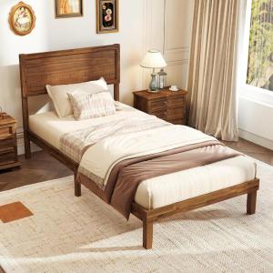 imageGiantex Wood Twin Bed Frames with Headboard Solid Acacia Wood Platform Bed with 12 Strong Wooden Slat Support Scandinavian Style Art Deco Twin Size Bed Frame No Box Spring Needed Rustic BrownWalnut