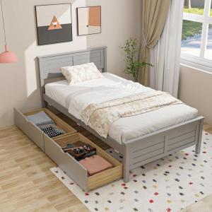 imageGiantex Wood Twin Bed with 2 Storage Drawers Solid Wood Platform Bed with Headboard Wooden Slats Support Mattress Foundation No Spring Needed Twin Bed Frame for Kids Teens Adults EspressoGrey