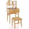 imageCHARMAID Bamboo Vanity Desk with 360 Rotating Mirror Glass Top ampamp 2 Drawers Natural Makeup Vanity Table with Deep Storage Alcove Small Space Dressing Table for BedroomWith Hutch With Stool