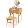 imageCHARMAID Bamboo Vanity Desk with 360 Rotating Mirror Glass Top ampamp 2 Drawers Natural Makeup Vanity Table with Deep Storage Alcove Small Space Dressing Table for BedroomNo Hutch With Stool