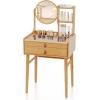 imageCHARMAID Bamboo Vanity Desk with 360 Rotating Mirror Glass Top ampamp 2 Drawers Natural Makeup Vanity Table with Deep Storage Alcove Small Space Dressing Table for BedroomWith Hutch Table Only