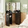 imageCHARMAID Corner Vanity Desk with Mirror and Lights White Makeup Vanity Table with 5 Drawers Storage Shelves Charging Station 3 Lighting Modes Compact Vanity Dressing Table for Small SpaceBlack
