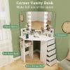imageCHARMAID Corner Vanity Desk with Mirror and Lights White Makeup Vanity Table with 5 Drawers Storage Shelves Charging Station 3 Lighting Modes Compact Vanity Dressing Table for Small SpaceWhite