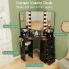 imageCHARMAID Corner Vanity Desk with Mirror and Lights White Makeup Vanity Table with 5 Drawers Storage Shelves Charging Station 3 Lighting Modes Compact Vanity Dressing Table for Small SpaceBlack