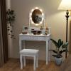 imageCHARMAID Girls Vanity Table with Lighted Mirror and Stool 10 Dimmable LED Lights 3 Color Lighting Modes 4 Drawers RoseShaped Handle Bedroom Dressing Makeup Vanity Desk Set BlackWhite