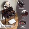 imageCHARMAID Girls Vanity Table with Lighted Mirror and Stool 10 Dimmable LED Lights 3 Color Lighting Modes 4 Drawers RoseShaped Handle Bedroom Dressing Makeup Vanity Desk Set BlackEspresso