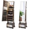 imageCHARMAID Jewelry Armoire with Full Length Mirror 3Color LED Lights Lockable Jewelry Cabinet with Wheels Storage Drawers Rolling Jewelry Organizer Floor Standing Gift Idea WhiteRustic Brown