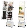 imageCHARMAID Jewelry Armoire with Full Length Mirror 3Color LED Lights Lockable Jewelry Cabinet with Wheels Storage Drawers Rolling Jewelry Organizer Floor Standing Gift Idea WhiteWhite