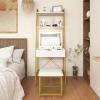 imageCHARMAID Ladder Vanity Desk Set  Makeup Vanity Table with Flip Top Mirror Cushioned Stool 4 Storage Compartments Open Shelves Girls Dressing Table for Small Space Rustic Brown ampamp BlackWhite  Gold