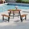 imageGiantex Picnic Table Bench Set for 6 Acacia Wood Outdoor Dining Table Set with 3 Seats 197quot Umbrella Hole 1720 LBS Capacity Heavy Duty Metal Frame for Front Porch Patio Lawn GardenHexagonal