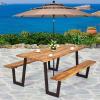 imageGiantex Picnic Table Bench Set with Umbrella Hole Outdoor Dining Table Set 70 Acacia Wood Picnic Beer Table with Metal Frame PatentedRustic