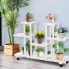 imageGiantex Rolling Flower Rack Wood Plant Stand on Wheels 6 Wood Shelves 12 Pots Bonsai Display Shelf Indoor Outdoor Yard Garden Patio Balcony Living Room Storage Rack Bookshelf Hollow Shelves WhiteWhite