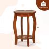 imageGiantex Round End Table Wooden Side Table with Storage Shelf Small Nightstand with Solid Wood Legs 2Tier Accent Table for Living Room Bedroom 2 WalnutWalnut