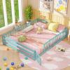 imageGiantex Twin Floor Bed with Door ampamp Fence Kids Wood Montessori Beds with Safety Guardrails Floor Bed Frame for Kids Boys Girls No Box Spring Needed Floor Bed Twin GreyIcy Aqua