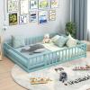 imageGiantex Twin Floor Bed with Door ampamp Fence Kids Wood Montessori Beds with Safety Guardrails Floor Bed Frame for Kids Boys Girls No Box Spring Needed Floor Bed Twin GreyIcy Aqua