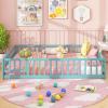 imageGiantex Twin Floor Bed with Door ampamp Fence Kids Wood Montessori Beds with Safety Guardrails Floor Bed Frame for Kids Boys Girls No Box Spring Needed Floor Bed Twin GreyIcy Aqua