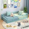 imageGiantex Twin Floor Bed with Door ampamp Fence Kids Wood Montessori Beds with Safety Guardrails Floor Bed Frame for Kids Boys Girls No Box Spring Needed Floor Bed Twin GreyIcy Aqua