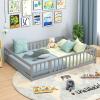 imageGiantex Twin Floor Bed with Door ampamp Fence Kids Wood Montessori Beds with Safety Guardrails Floor Bed Frame for Kids Boys Girls No Box Spring Needed Floor Bed Twin GreyGrey
