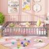 imageGiantex Twin Floor Bed with Door ampamp Fence Kids Wood Montessori Beds with Safety Guardrails Floor Bed Frame for Kids Boys Girls No Box Spring Needed Floor Bed Twin GreyGrey