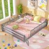 imageGiantex Twin Floor Bed with Door ampamp Fence Kids Wood Montessori Beds with Safety Guardrails Floor Bed Frame for Kids Boys Girls No Box Spring Needed Floor Bed Twin GreyGrey