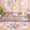 imageGiantex Twin Floor Bed with Door ampamp Fence Kids Wood Montessori Beds with Safety Guardrails Floor Bed Frame for Kids Boys Girls No Box Spring Needed Floor Bed Twin GreyGrey