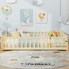 imageGiantex Twin Floor Bed with Fence for Kids Wooden Montessori Bed Frame with Lockable Door ampamp Guardrails Low Floor Beds for Kids Boys Girls No Box Spring Needed Without Wood Slats NaturalNatural