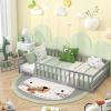 imageGiantex Twin Floor Bed with Fence for Kids Wooden Montessori Bed Frame with Lockable Door ampamp Guardrails Low Floor Beds for Kids Boys Girls No Box Spring Needed Without Wood Slats NaturalGrey