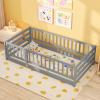 imageGiantex Twin Floor Bed with Fence for Kids Wooden Montessori Bed Frame with Lockable Door ampamp Guardrails Low Floor Beds for Kids Boys Girls No Box Spring Needed Without Wood Slats NaturalGrey