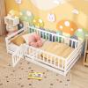 imageGiantex Twin Floor Bed with Fence for Kids Wooden Montessori Bed Frame with Lockable Door ampamp Guardrails Low Floor Beds for Kids Boys Girls No Box Spring Needed Without Wood Slats NaturalWhite