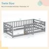 imageGiantex Twin Floor Bed with Fence for Kids Wooden Montessori Bed Frame with Lockable Door ampamp Guardrails Low Floor Beds for Kids Boys Girls No Box Spring Needed Without Wood Slats NaturalGrey