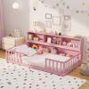 imageGiantex Twin Floor Bed with Fence for Kids Wooden Montessori Bed Frame with Lockable Door ampamp Guardrails Low Floor Beds for Kids Boys Girls No Box Spring Needed Without Wood Slats NaturalPink