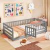 imageGiantex Twin Floor Bed with Fence for Kids Wooden Montessori Bed Frame with Lockable Door ampamp Guardrails Low Floor Beds for Kids Boys Girls No Box Spring Needed Without Wood Slats NaturalGrey