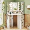 imageCHARMAID Corner Vanity Desk with Mirror and Lights White Makeup Vanity Table with 5 Drawers Storage Shelves Charging Station 3 Lighting Modes Compact Vanity Dressing Table for Small SpaceWhite