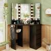 imageCHARMAID Corner Vanity Desk with Mirror and Lights White Makeup Vanity Table with 5 Drawers Storage Shelves Charging Station 3 Lighting Modes Compact Vanity Dressing Table for Small SpaceBlack