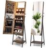 imageCHARMAID Jewelry Armoire with Full Length Mirror 3Color LED Lights Lockable Jewelry Cabinet with Wheels Storage Drawers Rolling Jewelry Organizer Floor Standing Gift Idea WhiteRustic Brown