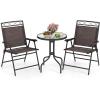 imageGiantex Patio Dining Set Round Glass Table with 2 Patio Folding Chairs Outdoor Table and Chairs for Garden Pool Backyard Tempered Glass Tabletop with Umbrella Hole BrownBrown