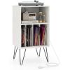 imageGiantex Record Player Stand with Charging Station Turntable Cabinet with Record Storage ampamp Metal Legs Vinyl Record Storage Cabinet Holds Up to 150 Albums for Living Room Bedroom Light OakWhite