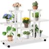 imageGiantex Rolling Flower Rack Wood Plant Stand on Wheels 6 Wood Shelves 12 Pots Bonsai Display Shelf Indoor Outdoor Yard Garden Patio Balcony Living Room Storage Rack Bookshelf Hollow Shelves WhiteWhite