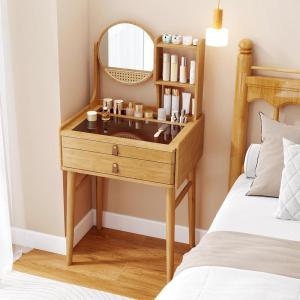 imageCHARMAID Bamboo Vanity Desk with 360 Rotating Mirror Glass Top ampamp 2 Drawers Natural Makeup Vanity Table with Deep Storage Alcove Small Space Dressing Table for BedroomWith Hutch Table Only