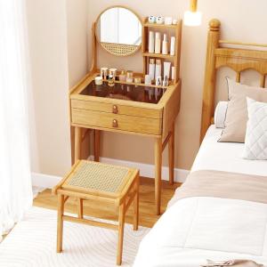 imageCHARMAID Bamboo Vanity Desk with 360 Rotating Mirror Glass Top ampamp 2 Drawers Natural Makeup Vanity Table with Deep Storage Alcove Small Space Dressing Table for BedroomWith Hutch With Stool