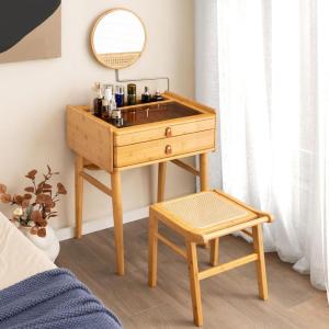 imageCHARMAID Bamboo Vanity Desk with 360 Rotating Mirror Glass Top ampamp 2 Drawers Natural Makeup Vanity Table with Deep Storage Alcove Small Space Dressing Table for BedroomNo Hutch With Stool