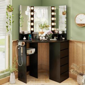imageCHARMAID Corner Vanity Desk with Mirror and Lights White Makeup Vanity Table with 5 Drawers Storage Shelves Charging Station 3 Lighting Modes Compact Vanity Dressing Table for Small SpaceBlack