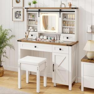 imageCHARMAID Farmhouse Vanity Desk with Lighted Mirror ampamp 7 Drawers 45 inch Makeup Vanity Table with Charging Station Jewelry Organizer Storage Cabinets ampamp Shelves White Dressing Table for BedroomWhite  Oak