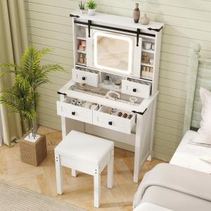 imageCHARMAID Farmhouse Vanity Desk with Lighted Mirror ampamp 7 Drawers 45 inch Makeup Vanity Table with Charging Station Jewelry Organizer Storage Cabinets ampamp Shelves White Dressing Table for BedroomWhite