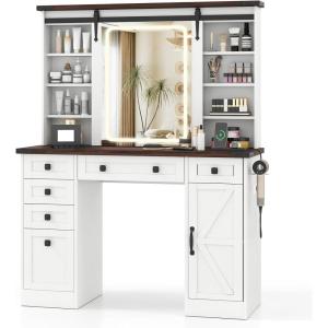 imageCHARMAID Farmhouse Vanity Desk with Lighted Mirror ampamp 7 Drawers 45 inch Makeup Vanity Table with Charging Station Jewelry Organizer Storage Cabinets ampamp Shelves White Dressing Table for BedroomWhite  Cherry