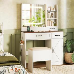 imageCHARMAID Farmhouse Vanity Desk with Lighted Mirror ampamp 7 Drawers 45 inch Makeup Vanity Table with Charging Station Jewelry Organizer Storage Cabinets ampamp Shelves White Dressing Table for BedroomWhite  Walnut