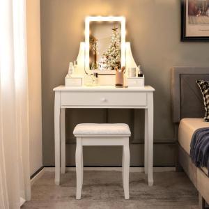 imageCHARMAID Girls Vanity Table with Lighted Mirror and Stool 10 Dimmable LED Lights 3 Color Lighting Modes 4 Drawers RoseShaped Handle Bedroom Dressing Makeup Vanity Desk Set BlackWhite