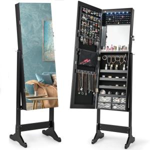 imageCHARMAID Jewelry Armoire Cabinet with Full Length Mirror 6 LEDs Standing Lockable Jewelry Organizer with Vanity Makeup Mirror 4 Storage Drawers 4 Shelves Lipstick Tray 4 Angles WhiteBlack